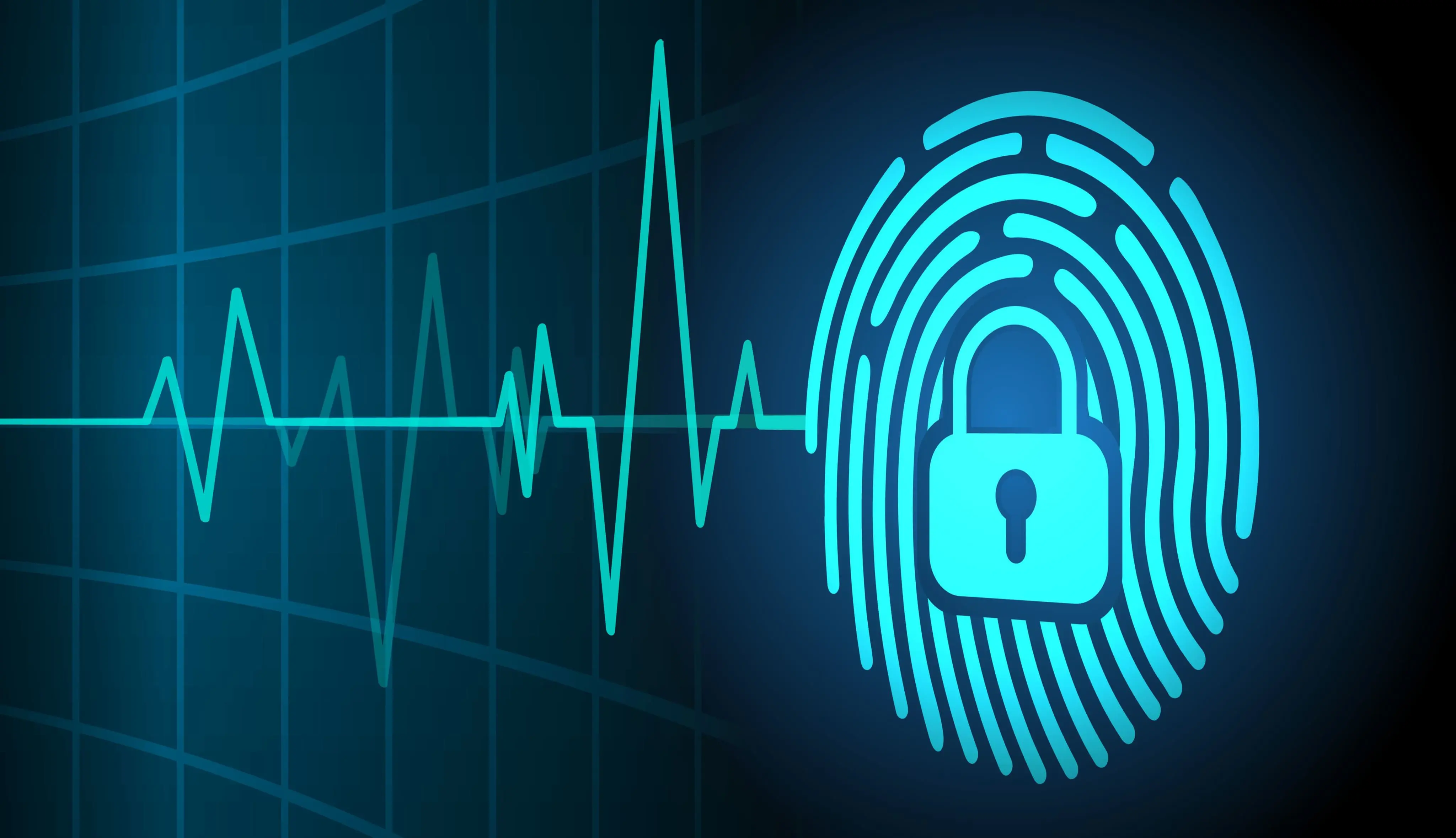 Cyber security concept, fingerprint in a closed padlock on digital background with EKG wave